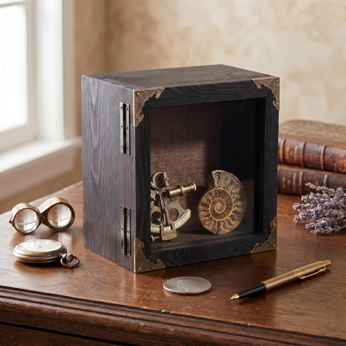 Deep Shadow Box Frame 8x8, 4.7" Depth Display Case with Real Glass Door, Black Solid Wood Memory Box with Vintage Metal Corners for Photos, Medals, Flowers, Wedding Keepsakes