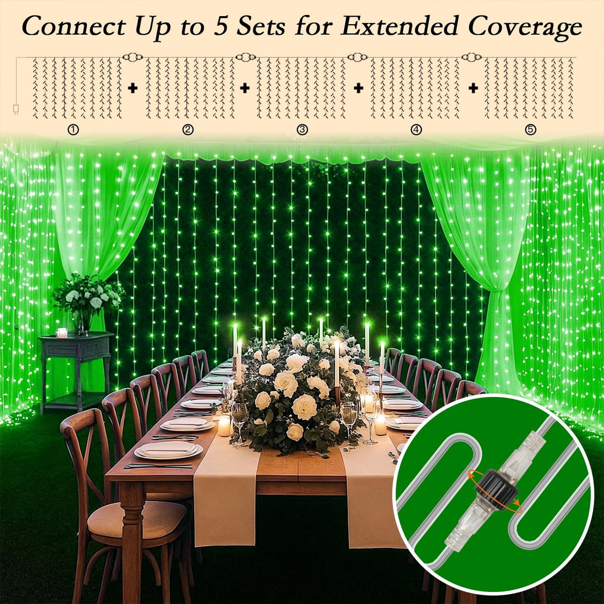 300 LED Green Curtain String Lights 9.8x9.8FT, Plug in Fairy Lights, 9 Hooks, Dimmable Timer 8 Modes, IP44 Waterproof, Gaming Room Wall Summer Patio Party Jungle Window Indoor Outdoor Decor