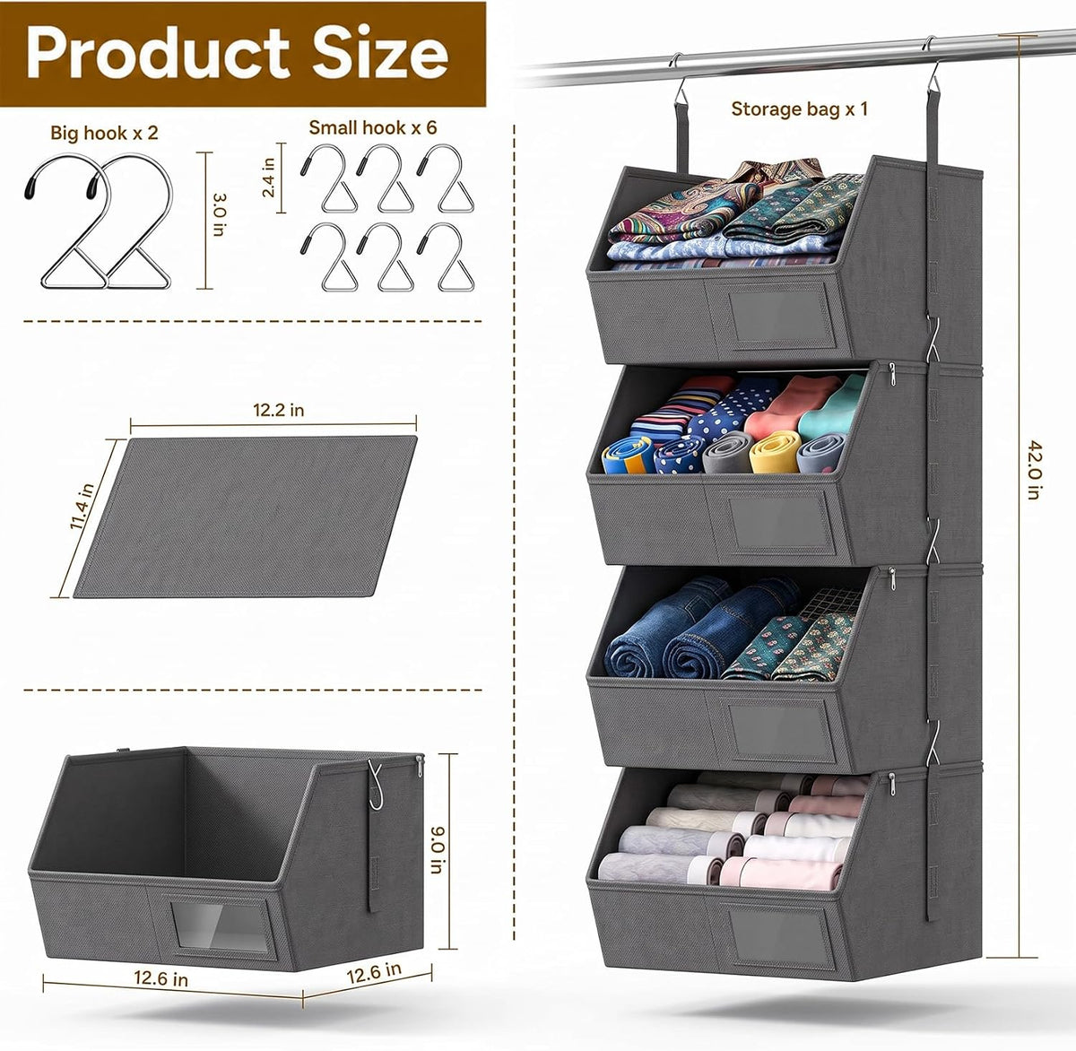 2 Pack 4-Tier Hanging Closet Organizer, Detachable Hanging Storage Shelves with Reinforced Side Panels, Hanging Closet Organizer for Clothes, Sweaters, Towels, Socks & Accessories,(Dark Gray-2Pack)