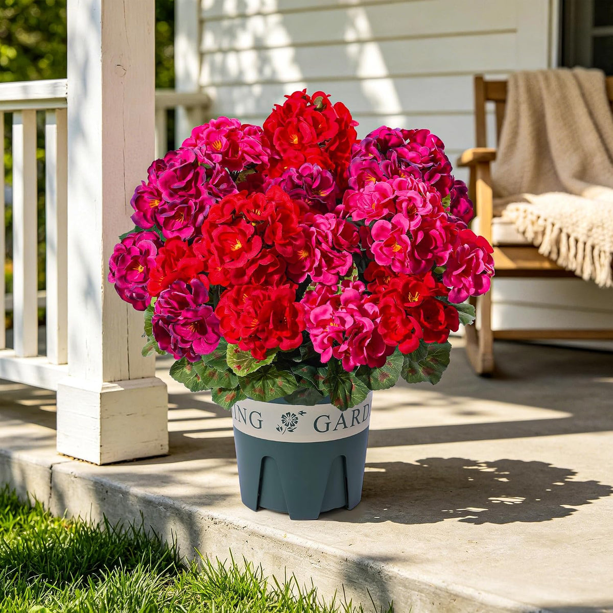 Geraniums Artificial Flowers for Outdoors, 2 Pack Potted Plants Faux Geraniums Bush Artificial Topiaries Realistic UV Resistant Fake Flowers Greenery for Outside Gardens Porch Patio Yard Indoor, Mix
