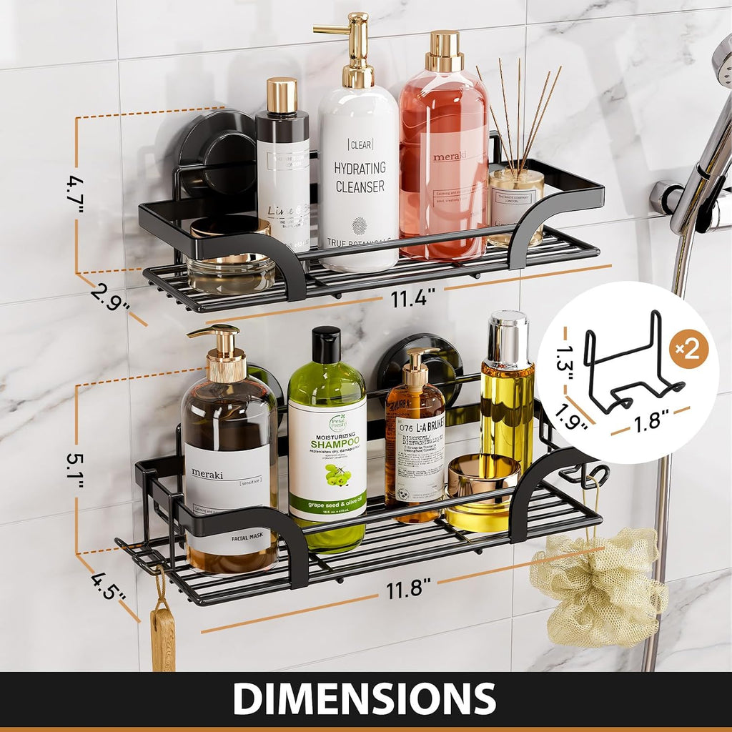 LEVERLOC Shower Caddy Suction Cup, 2 Pack Shower Shelves for Inside, Black