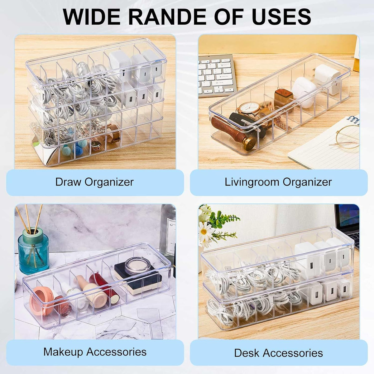 Tatuo Cord Organizer Box with Lid, Clear, White, 2 Pack