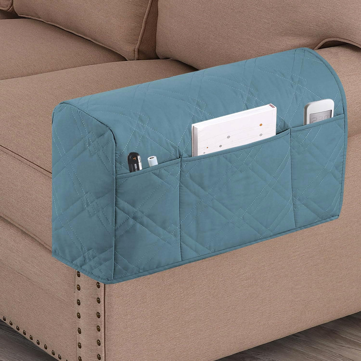 Water Resistant Arm Covers Couch Armrest Covers for Sofa Remote Control Holder Sofa Armrest Organizer for Magazine, Tablet, Phone, iPad (Blue)