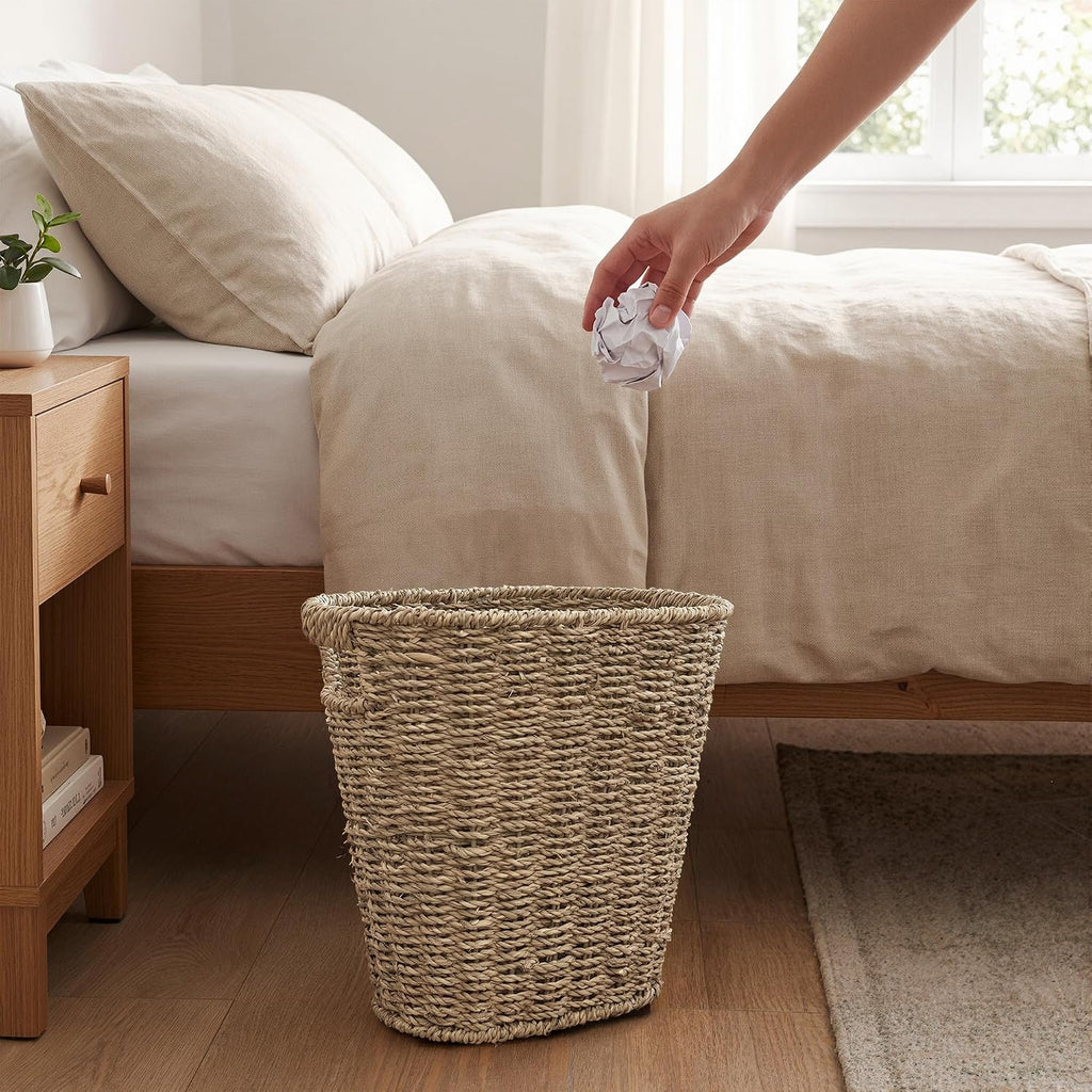 iEGrow 2 Pack Wicker Trash Can, Wicker Waste Basket for Bathroom, Woven Seagrass Wicker Boho Garbage Can Built-in Handles for Bedroom, Office, Decor Home, Kitchen, Living Room (Oval)