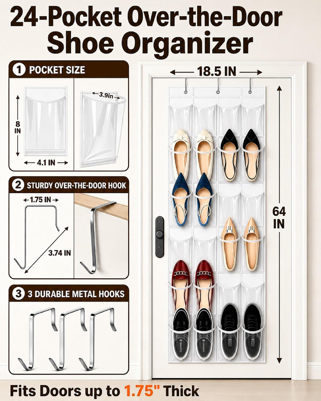 Over-the-Door Shoe Organizer with 24 Crystal Clear Pockets, White