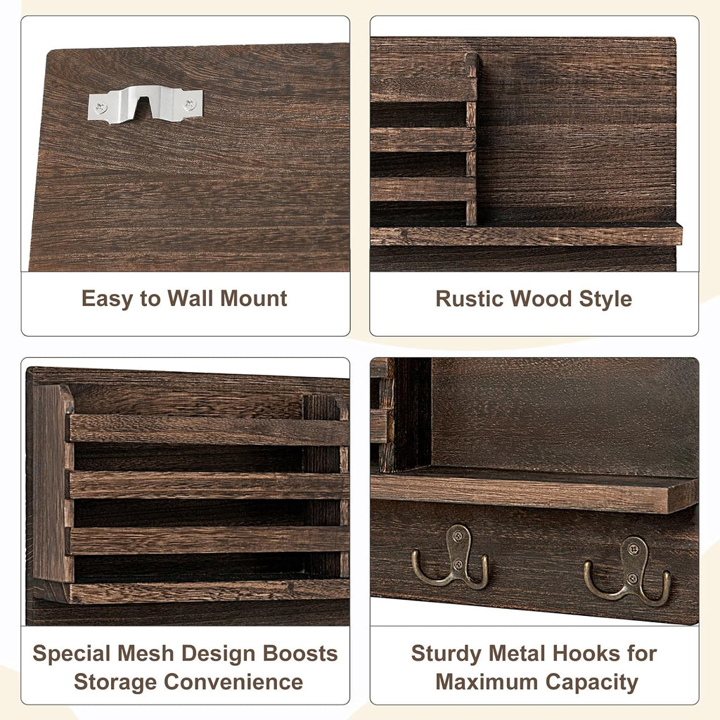 Dahey Key Mail Holder Wall Mounted Wooden Hanger with 4 Double Hooks, Brown