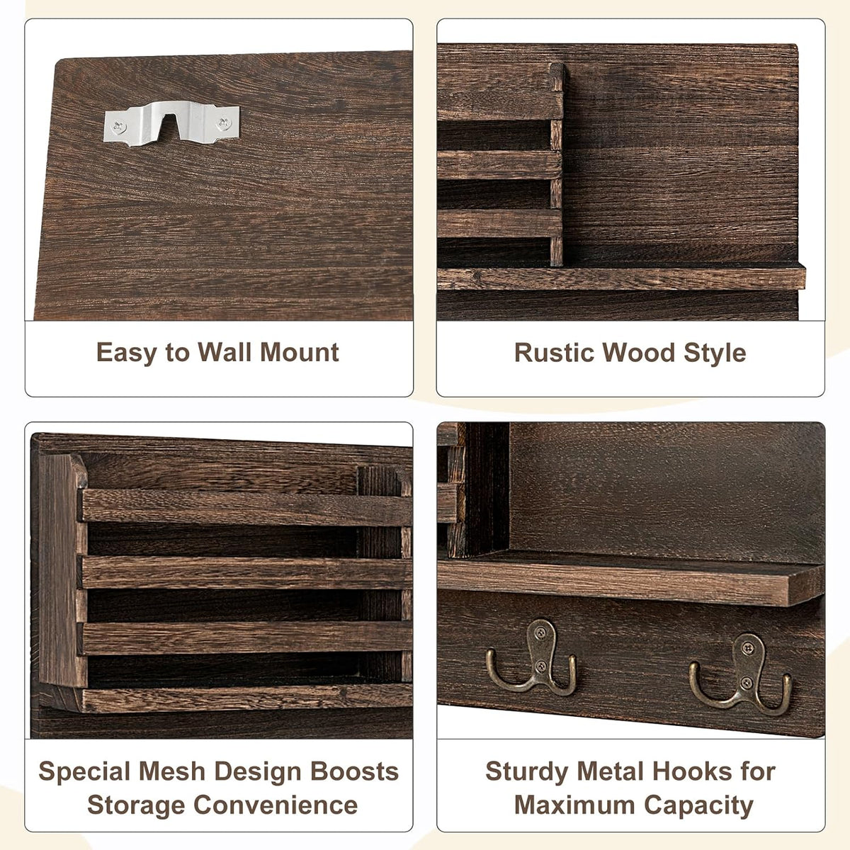 Dahey Key Mail Holder Wall Mounted Wooden Hanger with 4 Double Hooks, Brown