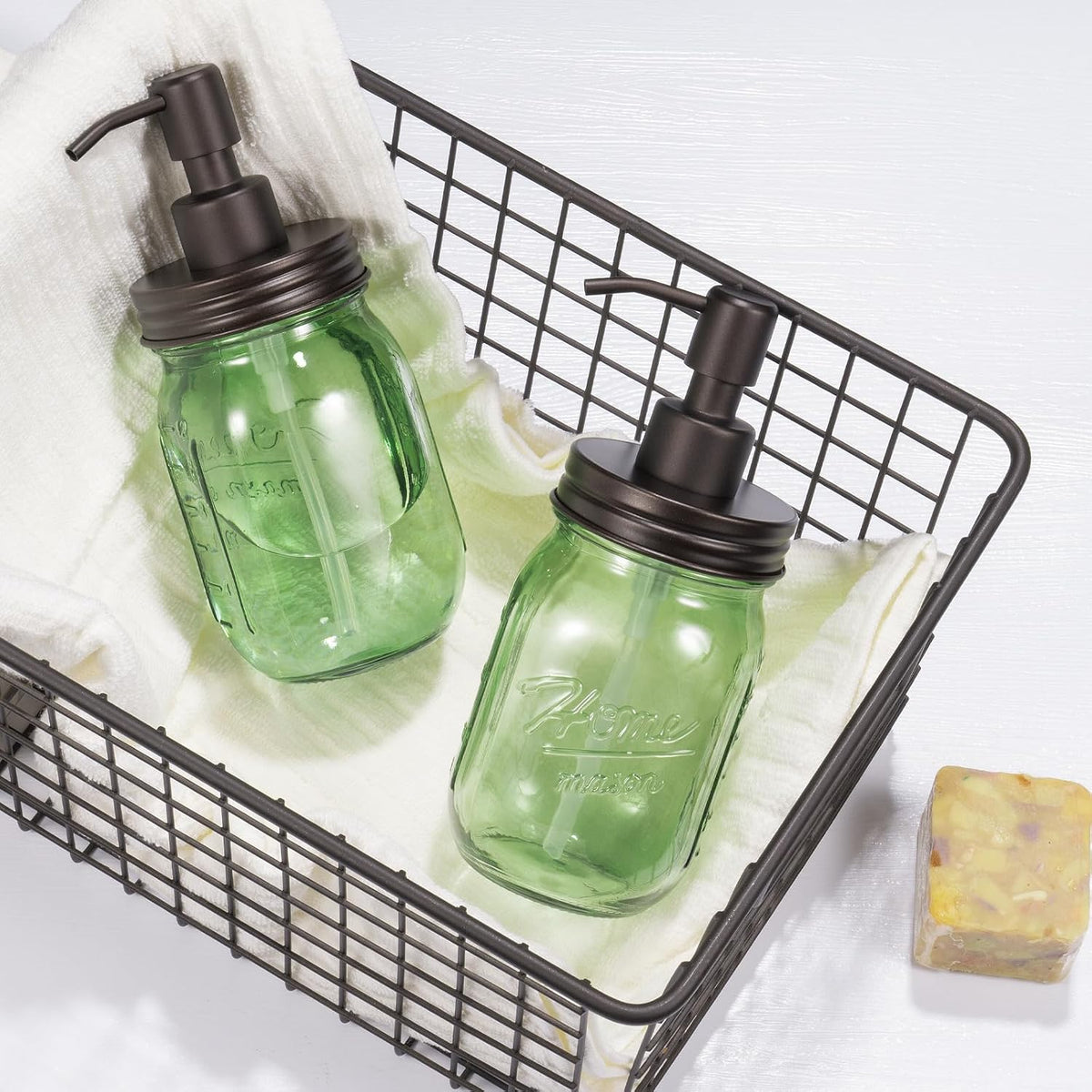 Amolliar 16OZ Green Glass Mason Jar Soap Dispenser W/Metal Pump, Bronze