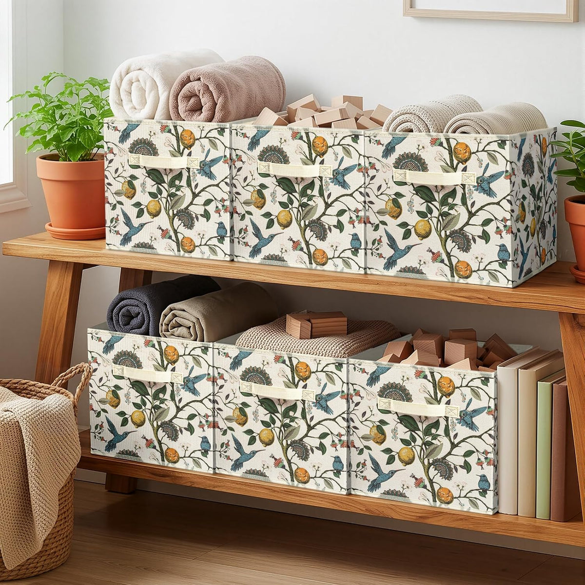 BBSET 6 Pcs Birds Flora Boho Cube Storage Bins 12.5 inch with Handle