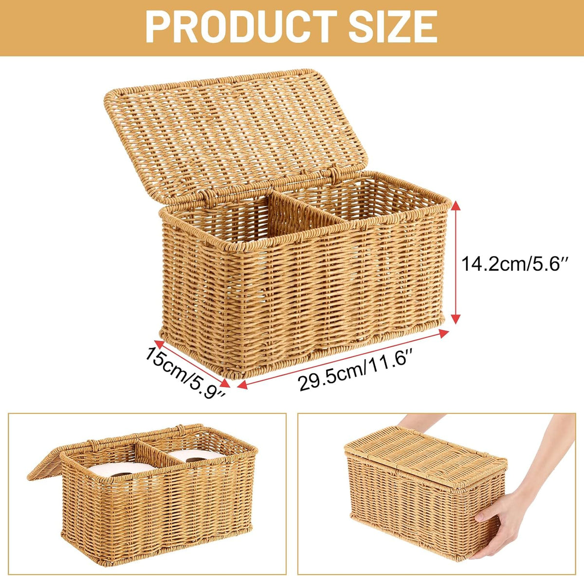 Sumnacon Wicker Storage Basket with Lid, Rectangle Bathroom Narrow Baskets