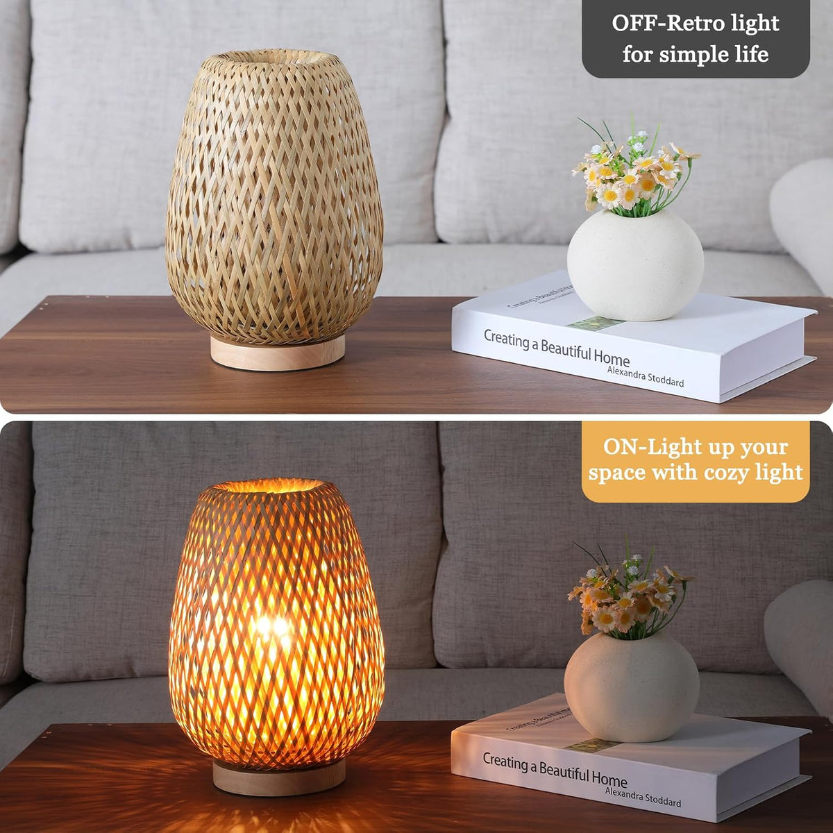 Rattan Table Lamp, Boho Bamboo Woven Small Beside Lamp, Vintage Wicker Wooden Nightstand Lights, End Table Lamp for Living Room Bedroom Desk, Kids Room