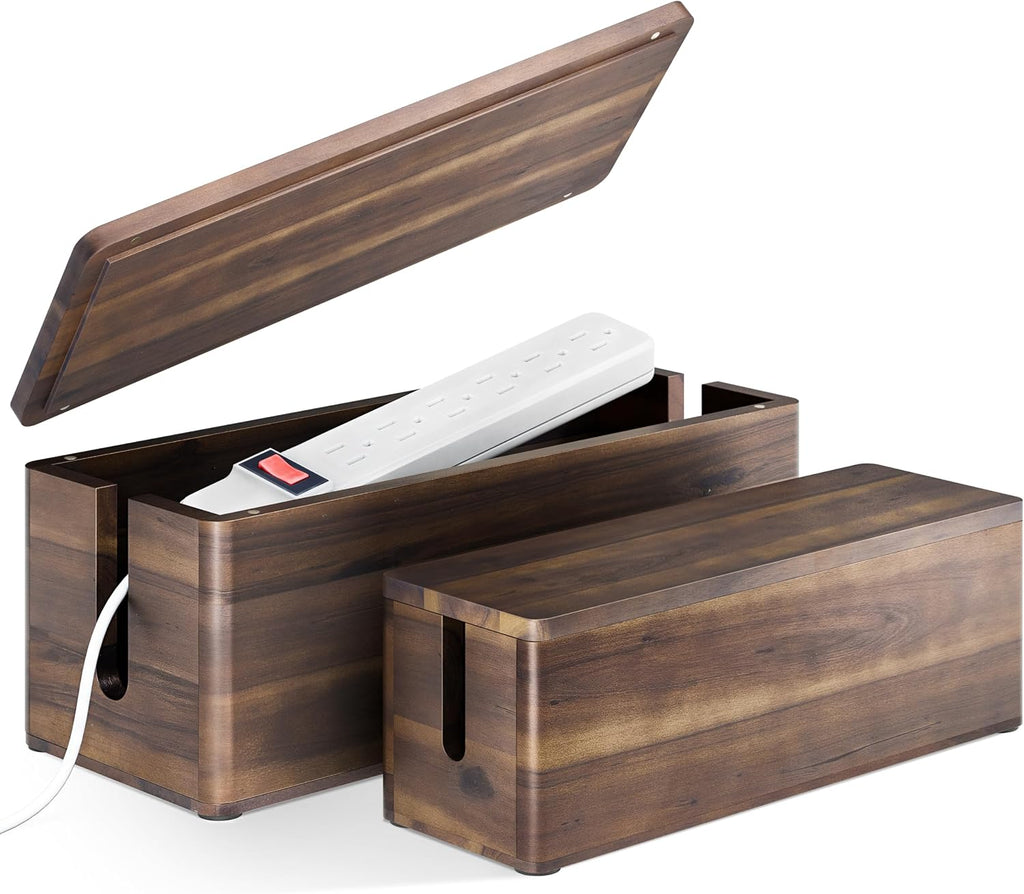 TIDITA Set 2 Wooden Large Cable Management Box Round Edge (Walnut Color)