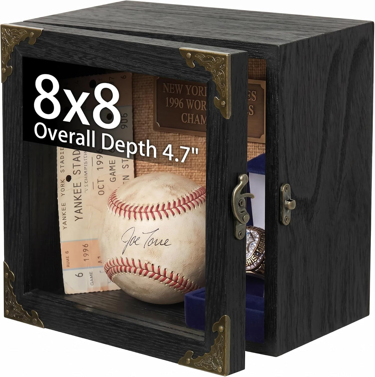Deep Shadow Box Frame 8x8, 4.7" Depth Display Case with Real Glass Door, Black Solid Wood Memory Box with Vintage Metal Corners for Photos, Medals, Flowers, Wedding Keepsakes