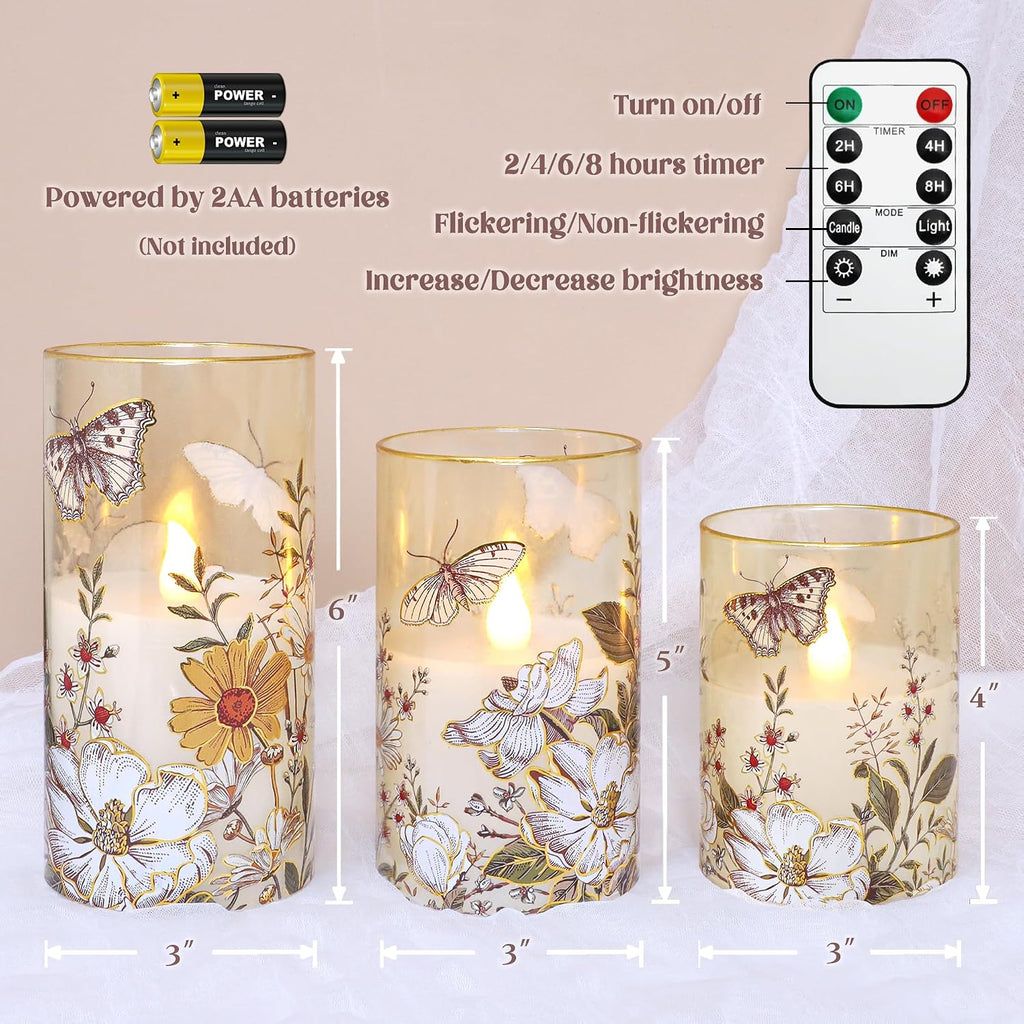 MELTONE Flameless LED Candles Botanical Butterfly Design with Remote Control & Timer Function & Dimmable, Battery Operated Glass Candles for Home Party Wedding Christmas Spring Decor, Set of 3