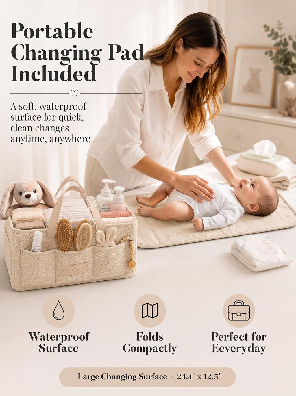 Baby Diaper Caddy Organizer with Waterproof Changing Pad, Beige