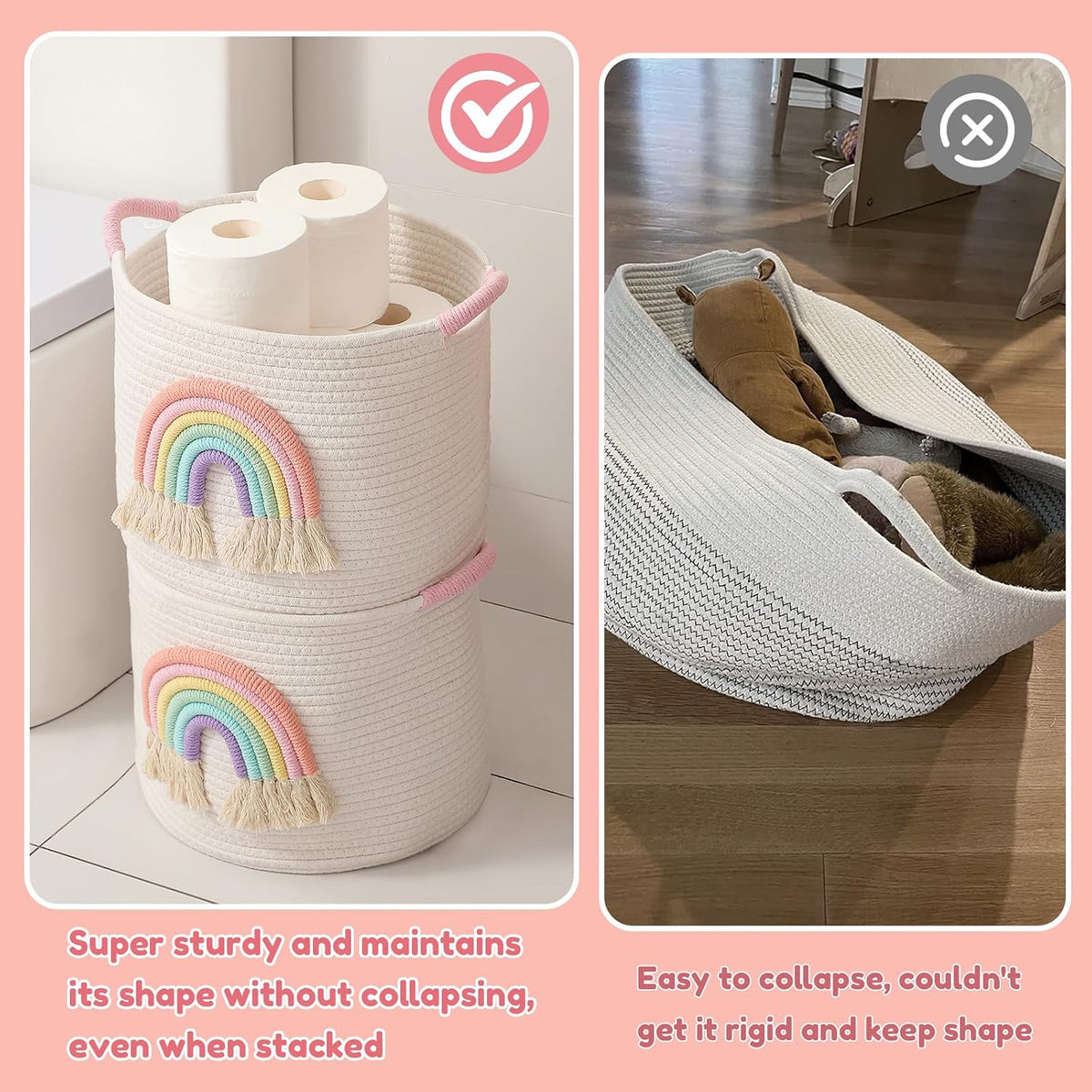 Toy Storage Baskets Woven Cotton Rope Storage Basket with Rainbow Decor for Kids, Blanket Baskets for Living Room Toys Organizer Rainbow Baby Gifts Basket with Handle for Girls Nursery Playroom