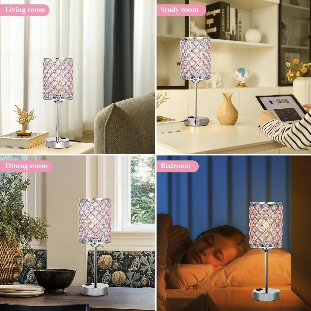 Peach Pink Bedside Lamps for Night Stands, Crystal Table Lamp for Bedroom