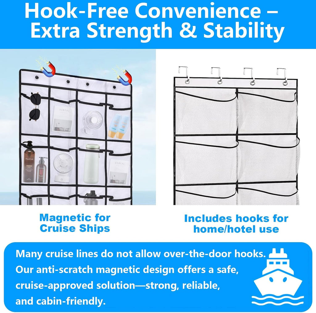 Magnetic Door Organizer for Cruise Ships, 24 Mesh Pockets, White