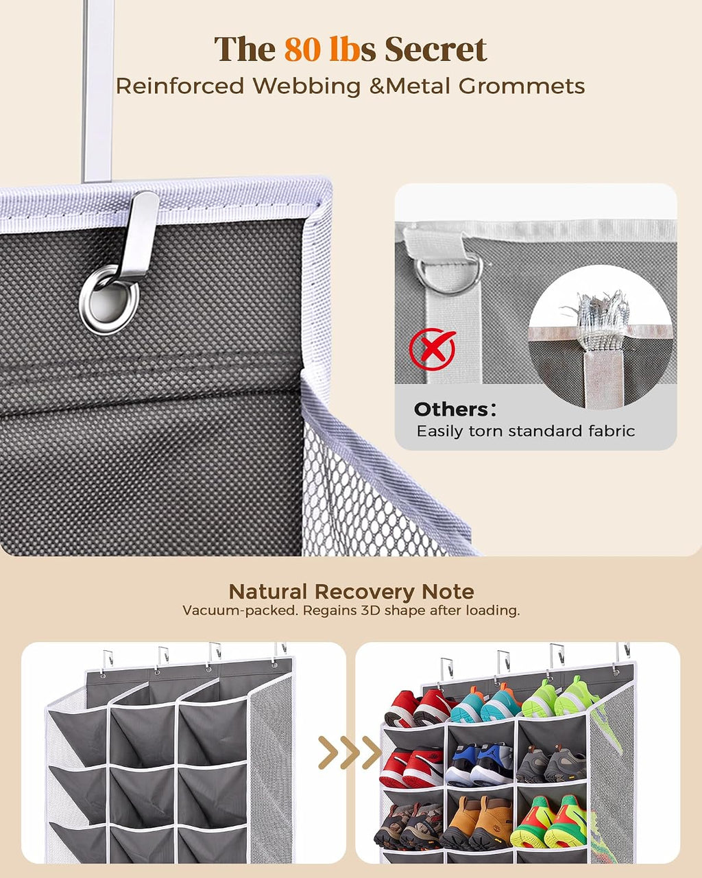 30-60 Pair Over Door Shoe Organizer, 26" Extra Wide Shoe Storage Rack(Grey)