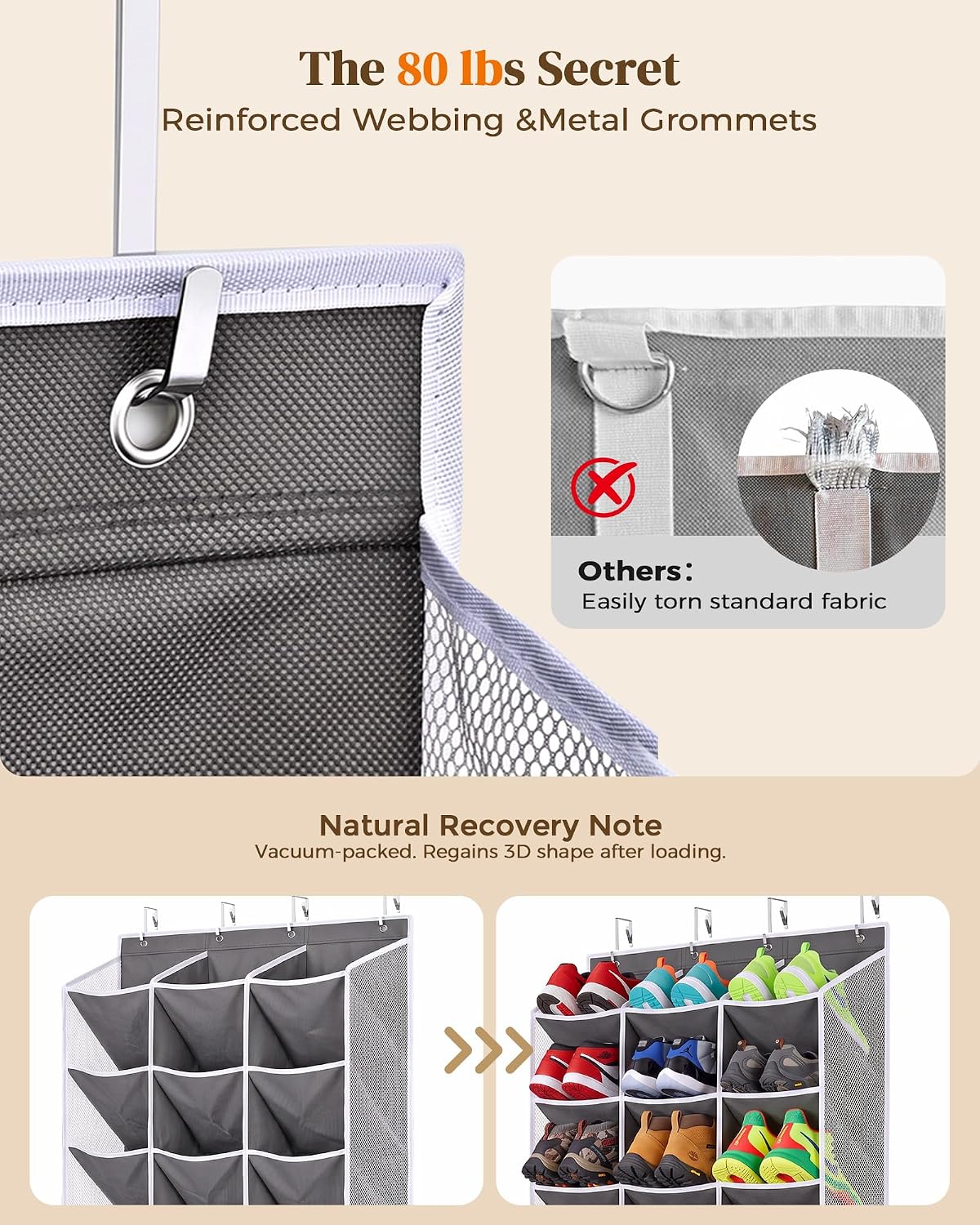 30-60 Pair Over Door Shoe Organizer, 26" Extra Wide Shoe Storage Rack(Grey)