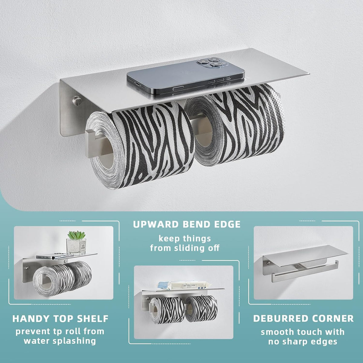 Angle Simple Double Toilet Paper Holder with Shelf, Brushed Nickel