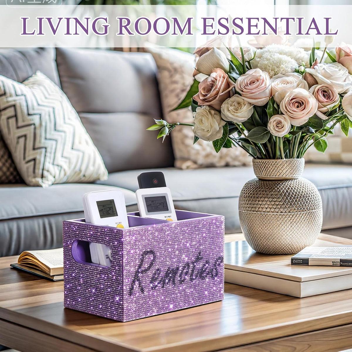 MotiMind Rhinestone Remote Control Holder,Desk Accessories for Gift, Purple