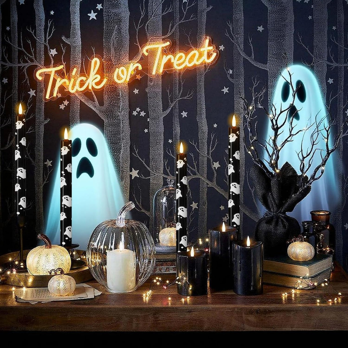 Eldnacele Halloween Ghost Decal Flameless Taper Candles with Remote Timer