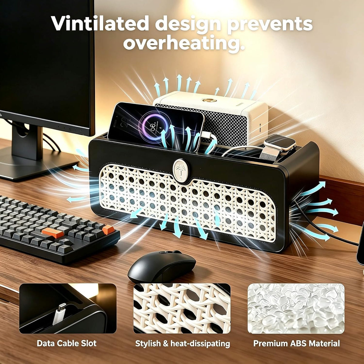Faux Rattan Cable Management Box, Decorative Power Strip Cover