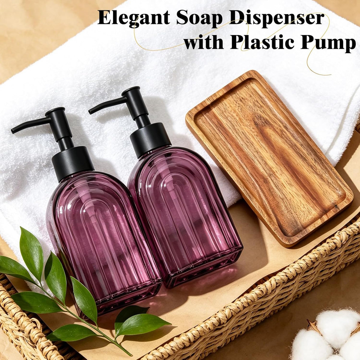 Glass Soap Dispenser Set with Wooden Tray, 13.5Oz Refillable Liquid Modern Soap Dispenser with Plastic Pump for Hand and Dish Set for Bathroom Countertop Decor (Purple)