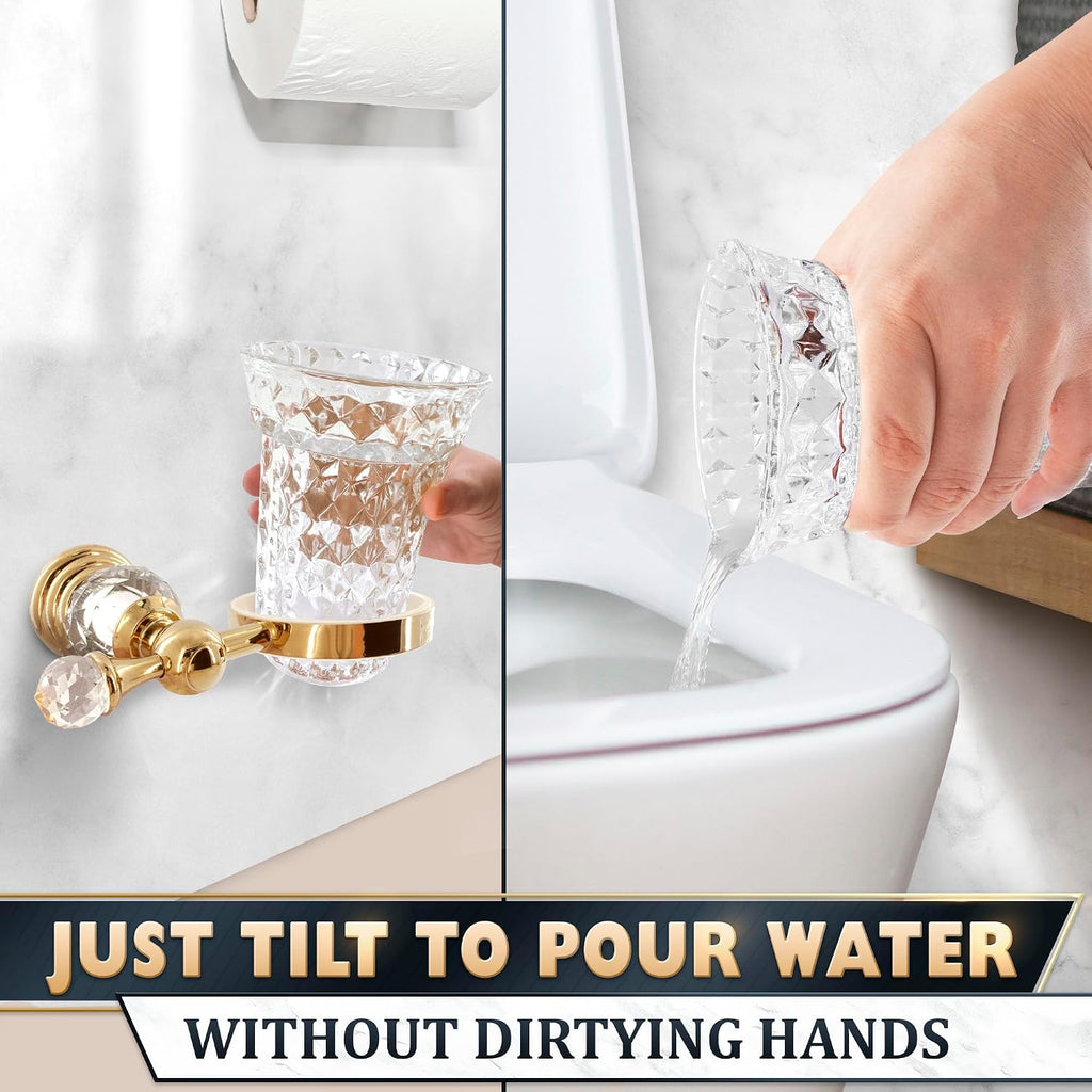 Wall Mounted Toilet Brush and Holder Set, Clear Bowl, 14 in (Gold Crystal)