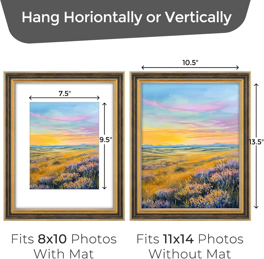 11x14 Ornate Picture Frame with Real Glass Holds 8x10 Photo,Black Gold