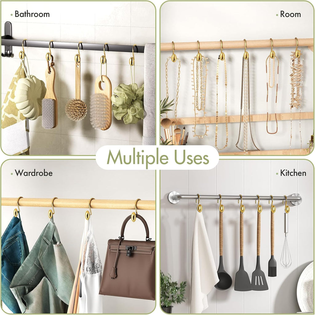 AmazerBath Gold Shower Curtain Hooks, 12PCS Rust Proof Shower Curtain Rings, Decorative Modern Shower Curtain Hangers, Elliptical Heavy Duty Design Convenient for Bathroom Kitchen Wardrobe