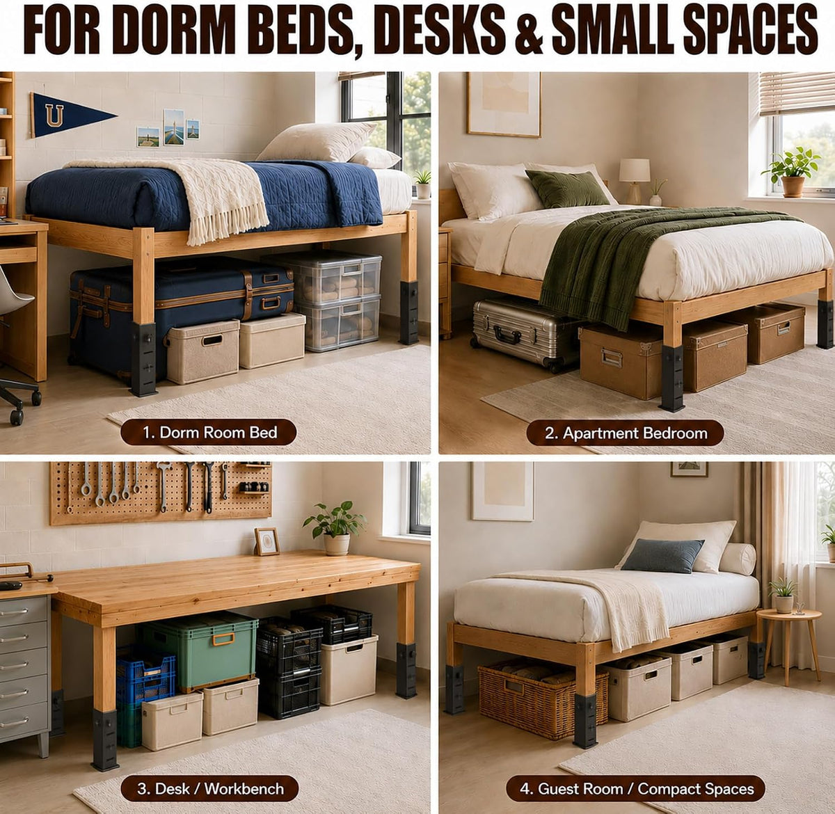 Heavy Duty Dorm Bed Risers, Adjustable Bed Leg Extenders, 4/6/8/10/12 inch