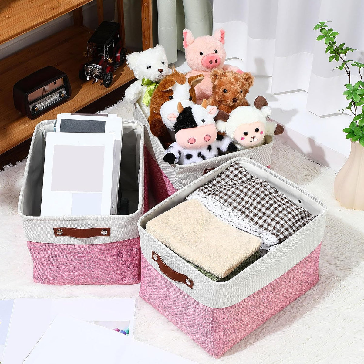 Uiifan 16 x 12 x 10 Inch 8 Pack Fabric Storage Baskets with Handles, Pink