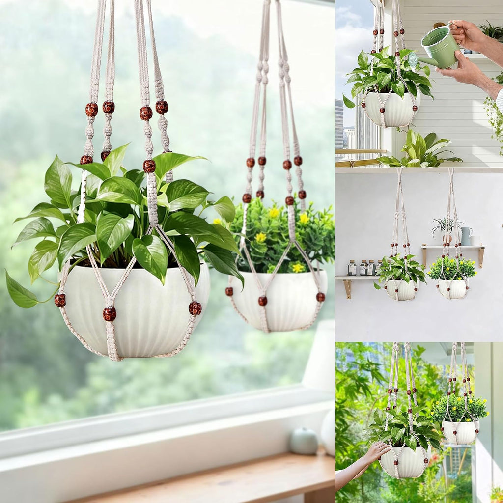 35 Inch Macrame Plant Hanger, Hanging Planter Basket with Wood Beads, Decorative Flower Pot Holder for Indoor Outdoor Boho Home Decor, Set of 2 (Ivory)