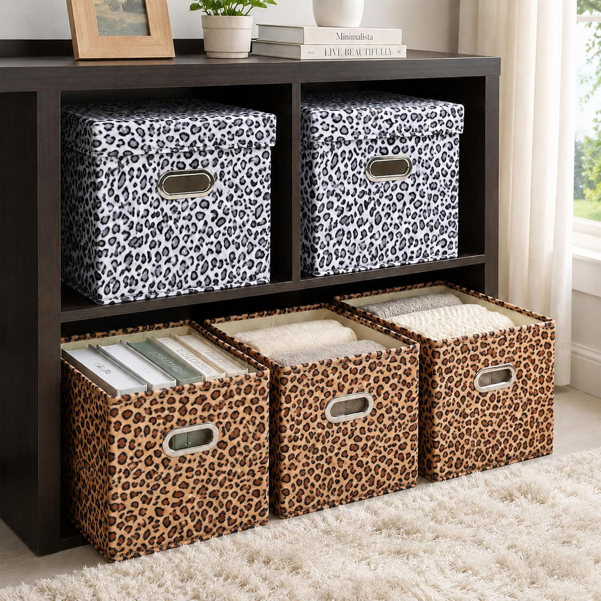 ANMINY Leopard Cheetah Print Storage Cubes Bins with Lids, 11Inch 6PCS