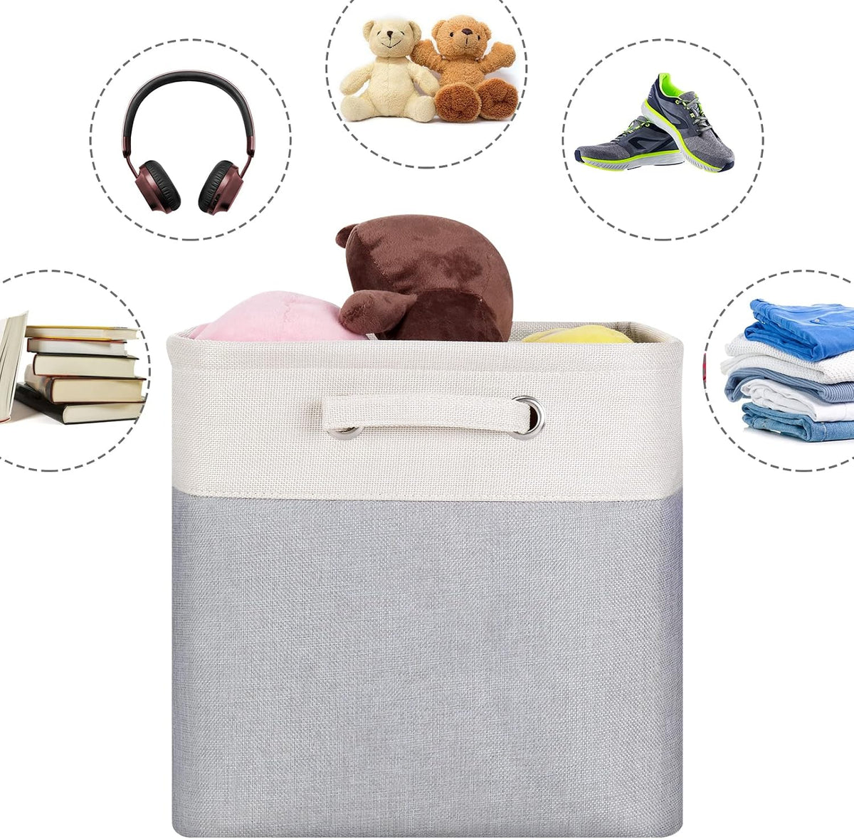 13x13x13 Storage Cube Bins 3 Pack -Linen-Feel Fabric Storage Boxes with Metal Frame & Foam Lining, Foldable Cube Organizer with Rope Handles for Shelf, Closet, Bedroom, Living Room