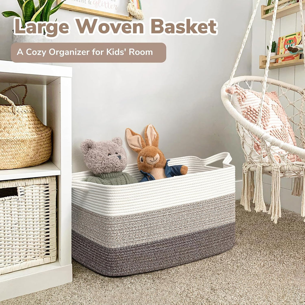 Goodpick Large Woven Rope Blanket Basket, Rectangle, White Brown
