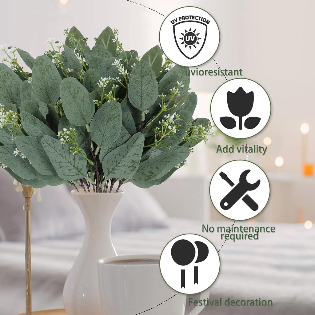 20 Pcs Eucalyptus Leaves Stems Bulk Artificial Greenery Stems Faux Seeded Eucalyptus Leaves Branches for Vase Bouquets Floral Arrangement Wreath Wedding Greenery Decoration