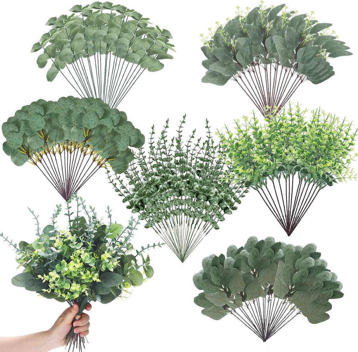 Ceenna 200 Pcs 6 Kind Mixed Eucalyptus Leaves Stem Bulk Artificial Greenery