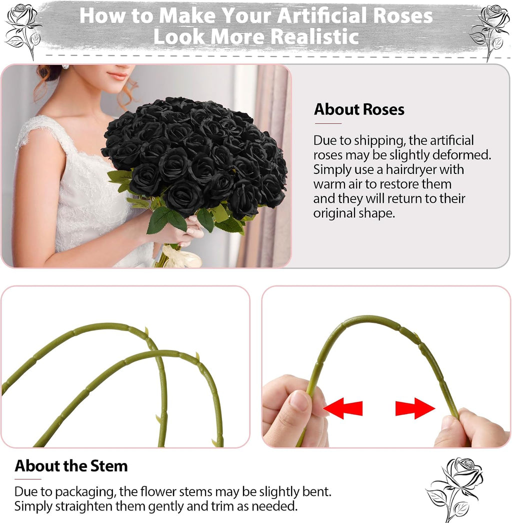 Fanfantoey Black Roses Artificial Flowers Bulk, 52Pcs Fake Roses Flower Arrangement, DIY Silk Flowers Roses Bouquet, Realistic Faux Artificial Roses for Mother's Day Home Table Decor