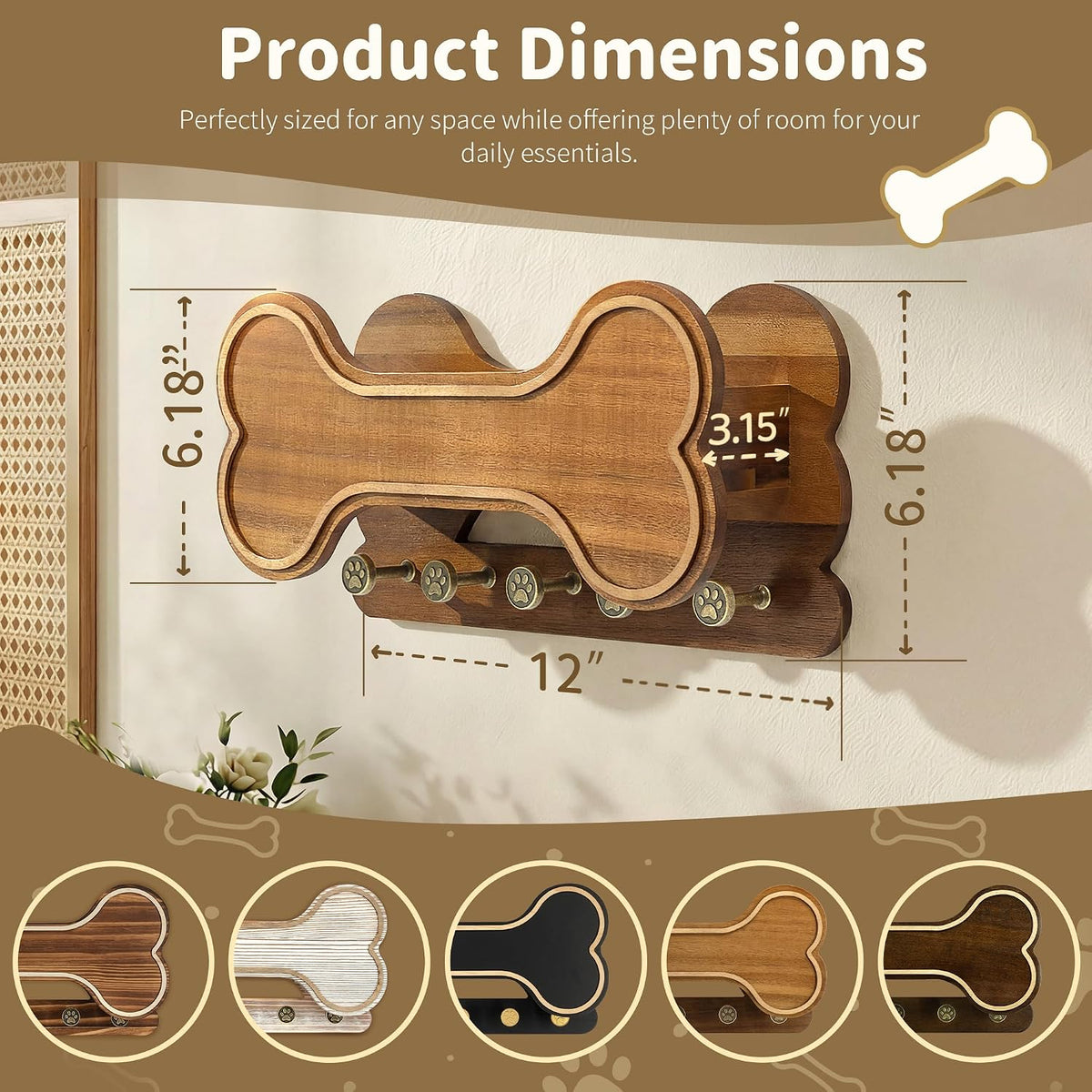 MTERSN Dog Leash Holder for Wall with Shelf for Pet Adoption Gift, Brown