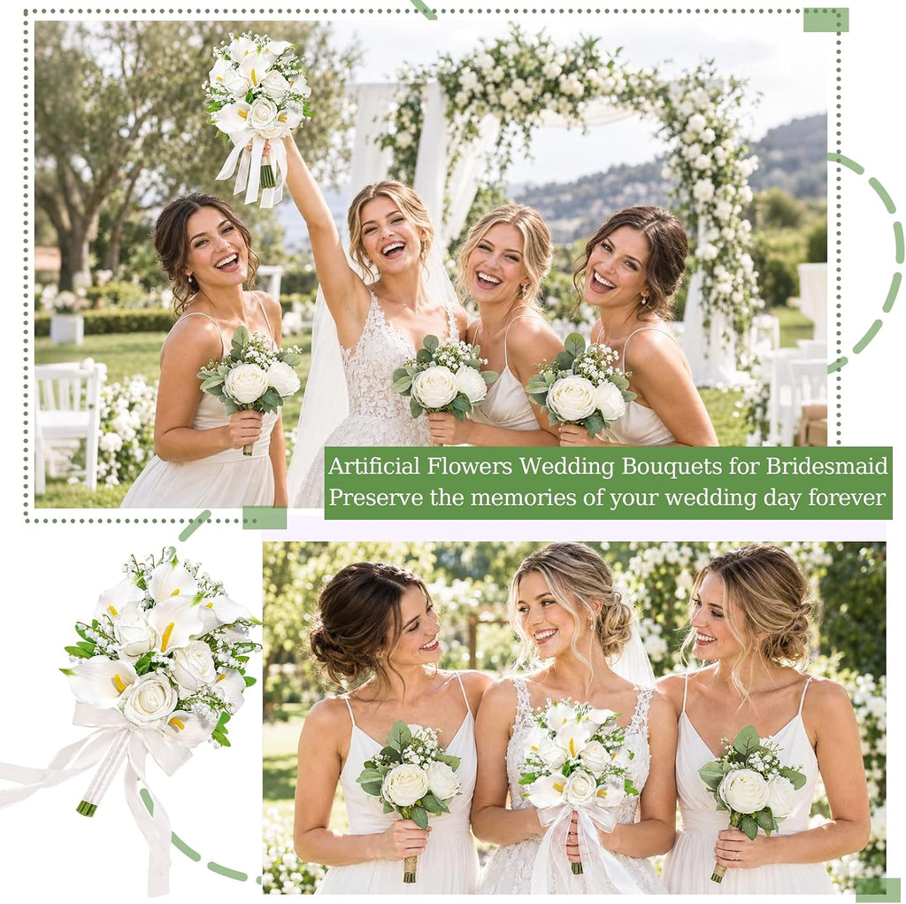 Wedding Bouquets for Bride Bridesmaid 13.8 Inch Ivory White Calla Lilies Artificial Roses Flowers Bridal Bouquets for Bride Wedding Marriage Proposal Party Church Decoration