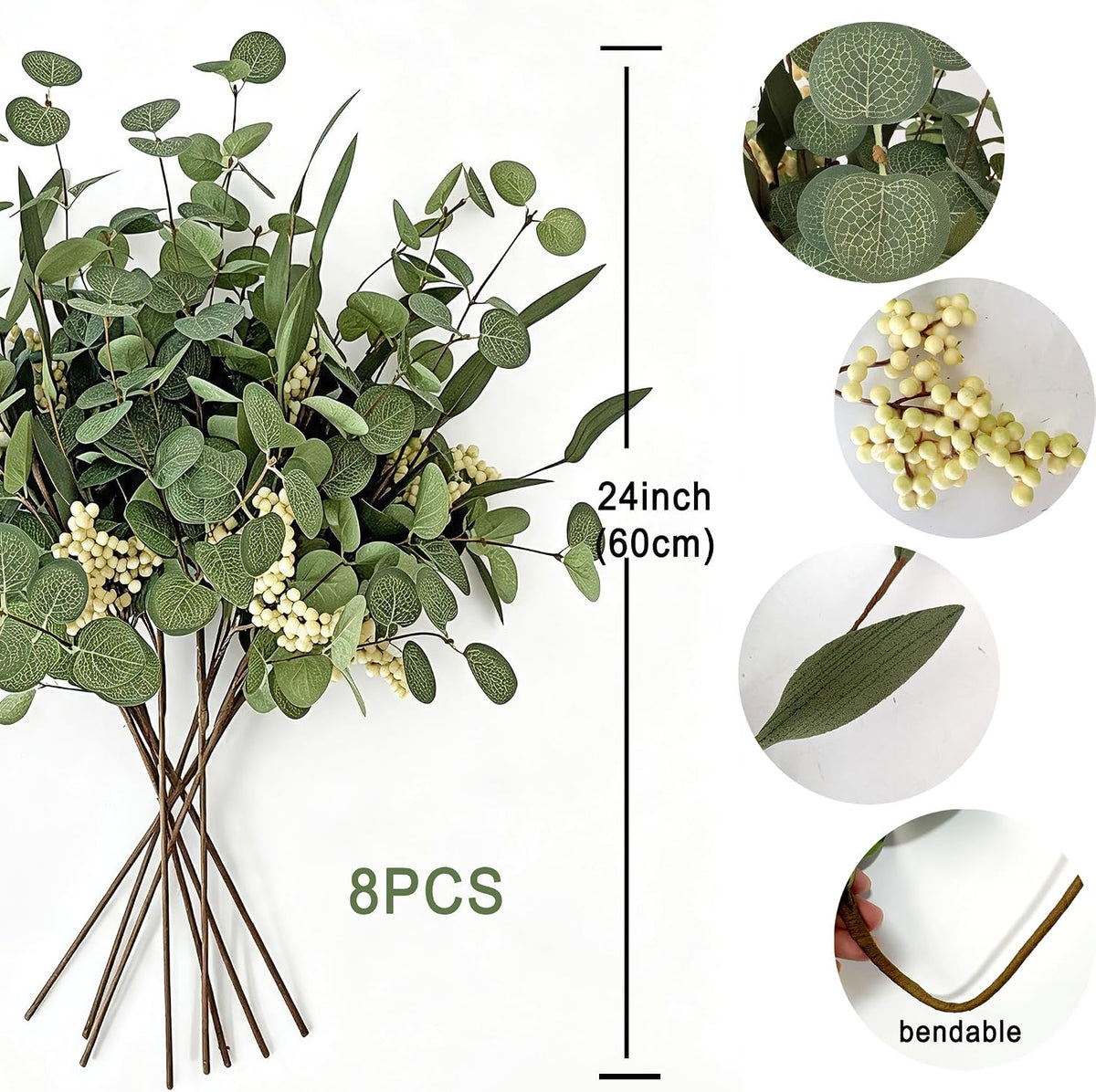 8PCS White Berry Eucalyptus Stems, Artificial Greenery Branches for Vase