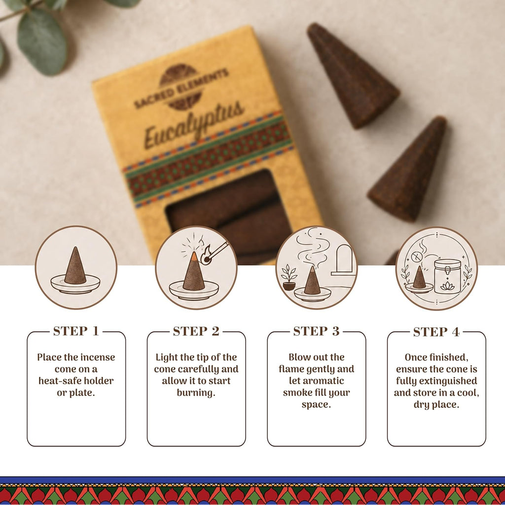 Sacred Elements Organic Incense Cones – Eucalyptus Scent (Pack of 4) | Natural Aromatherapy for Relaxation & Focus | Handcrafted, Low Smoke, Long-Lasting Fragrance for Home & Workspace