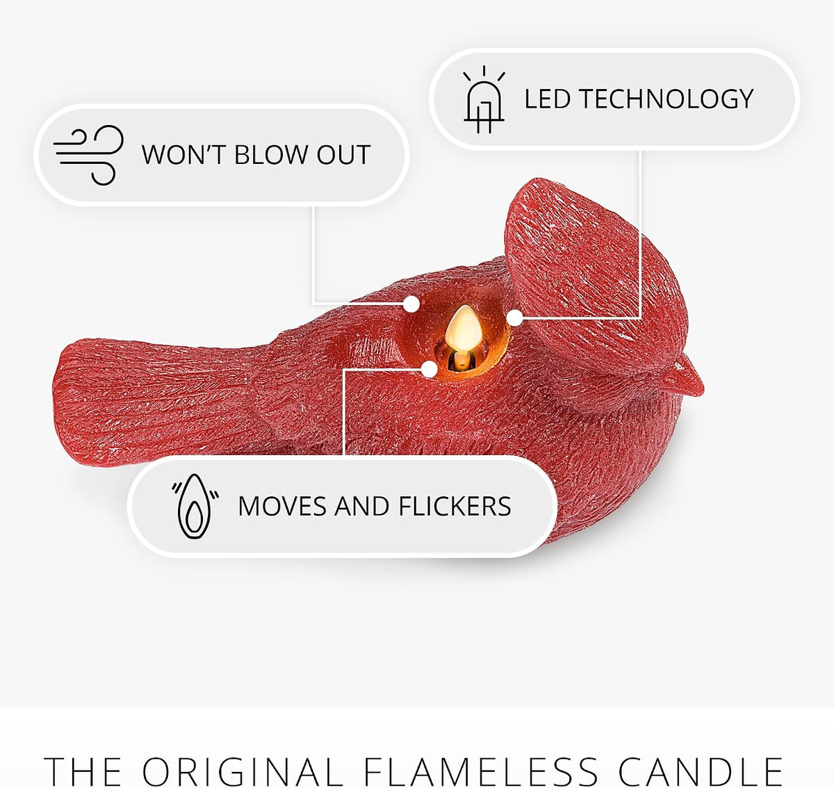 Luminara - Flameless Flickering Moving Flame Battery Operated Unscented Candle LED Décor & Gift- Winter Holiday & Christmas Figural Friends Collection - Red Glitter Cardinal Bird, 7” L x 3.3” W x 4.8” H)