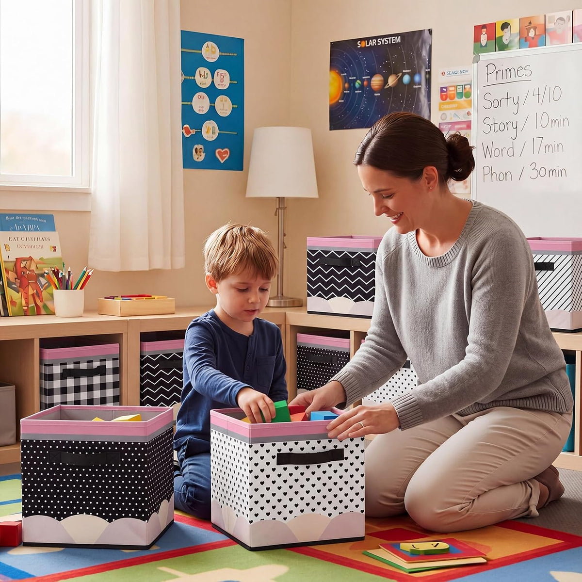 Thyle 6 Pcs 11in Pencil Fabric Bins for Classroom Black White Buffalo Plaid Storage Cube Collapsible Cubby Baskets with Handle for Back to School Kindergarten Daycare Bedroom Teacher Playroom Decor