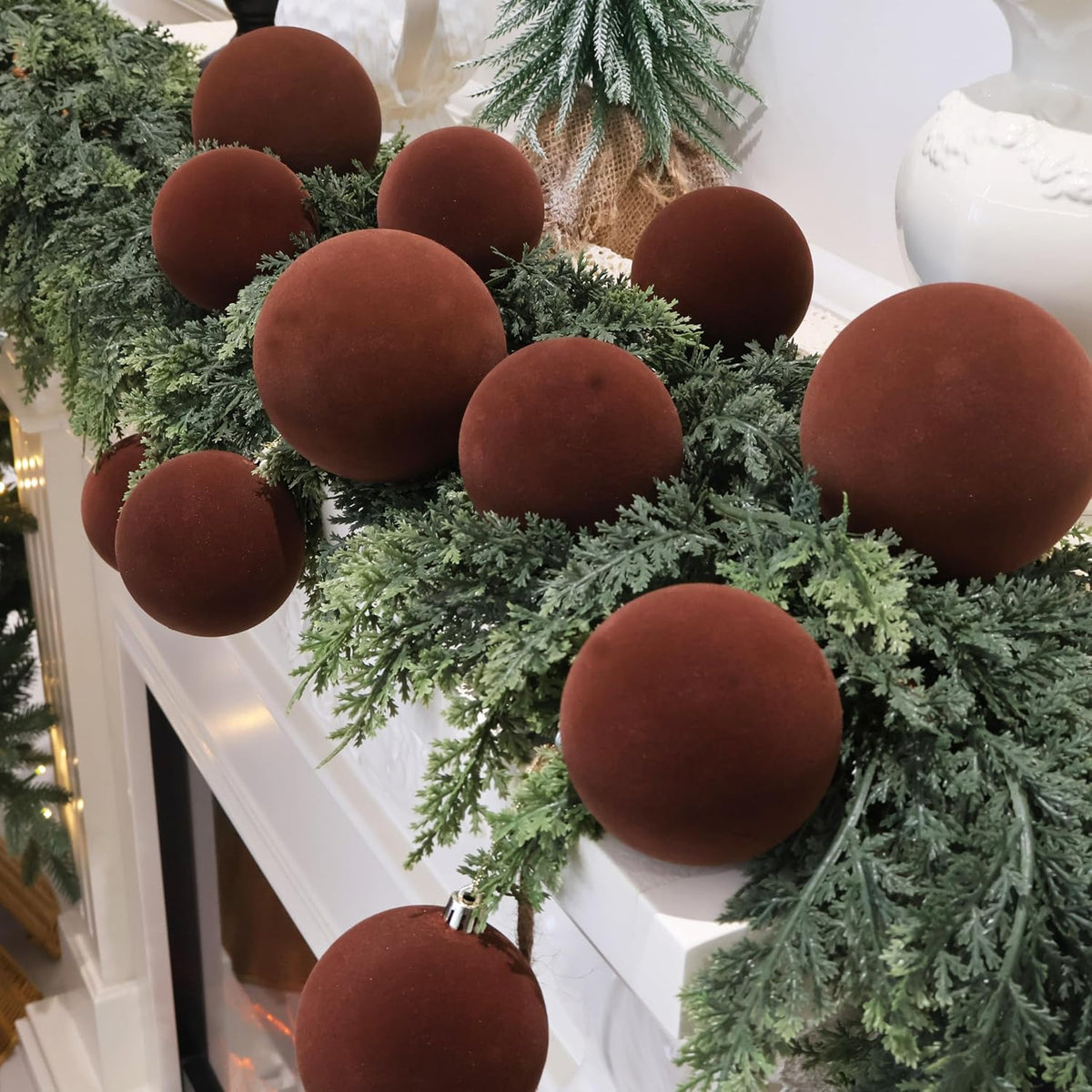 18PCS Brown Velvet Christmas Ornaments Set,3.15IN Flocked Ornaments Balls