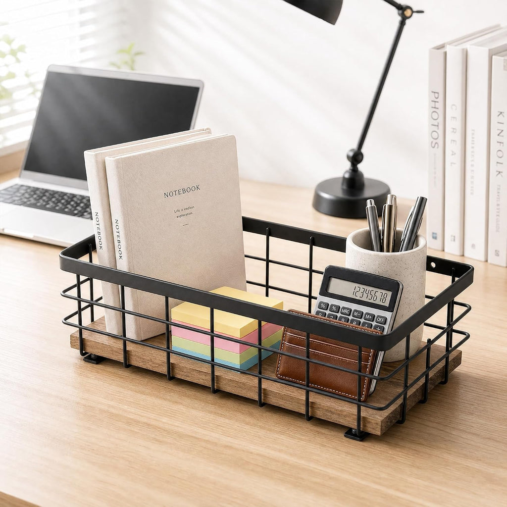TJ.MOREE Small Metal Wire Basket, Decorative Wood Base Organizer for Bathroom, Kitchen, Basket for Toilet Paper Storage, Sugar Packet, Coffee Syrup, Guest Towel, Napkin