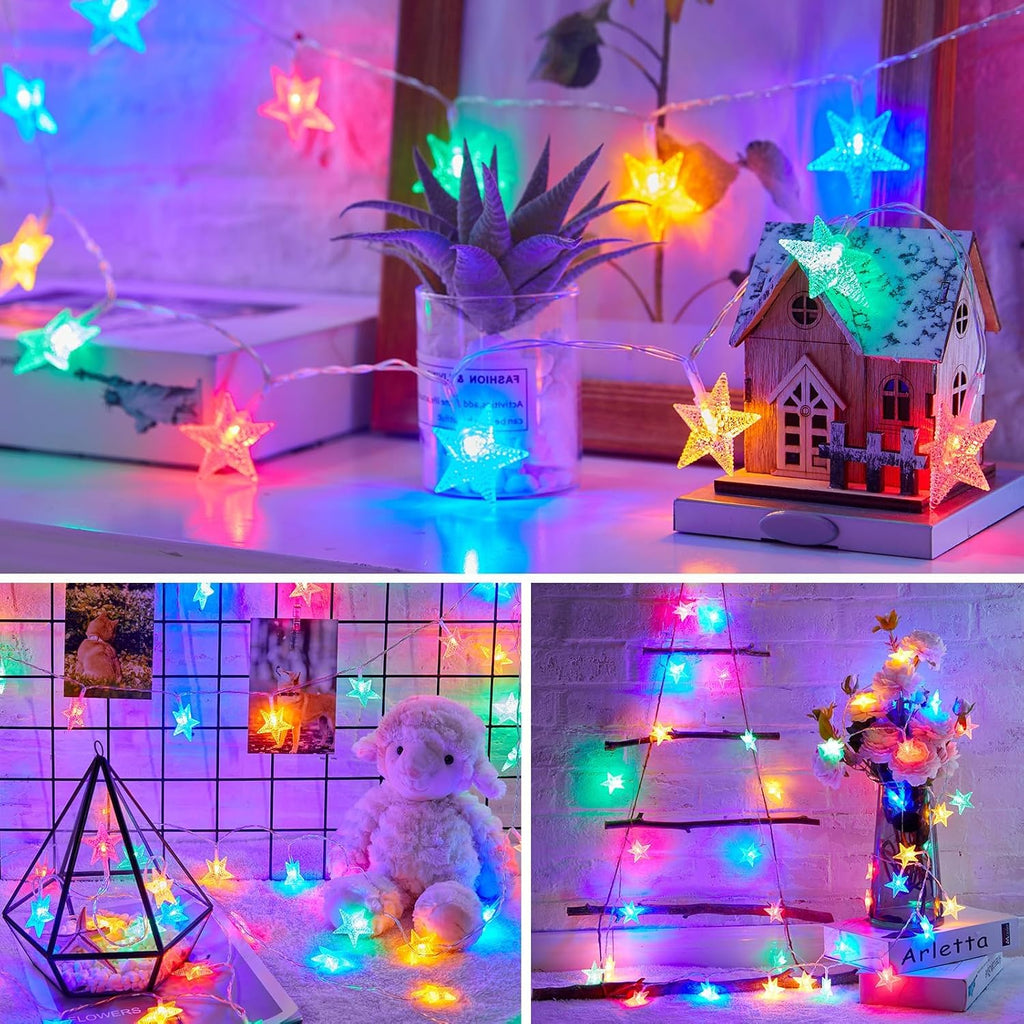 Minetom Star String Lights Battery Operated - 17 ft 50 LED Star Fairy String Lights with Timer, Waterproof for Indoor Bedroom Tent Loft Bed Patio Party Wedding Decor, Multi-Color